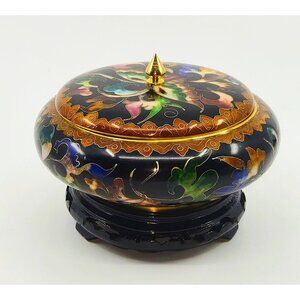 Vtg Cloisonne Decorative Bowl/Lid /Box with Intricate Floral Design & butterfly
